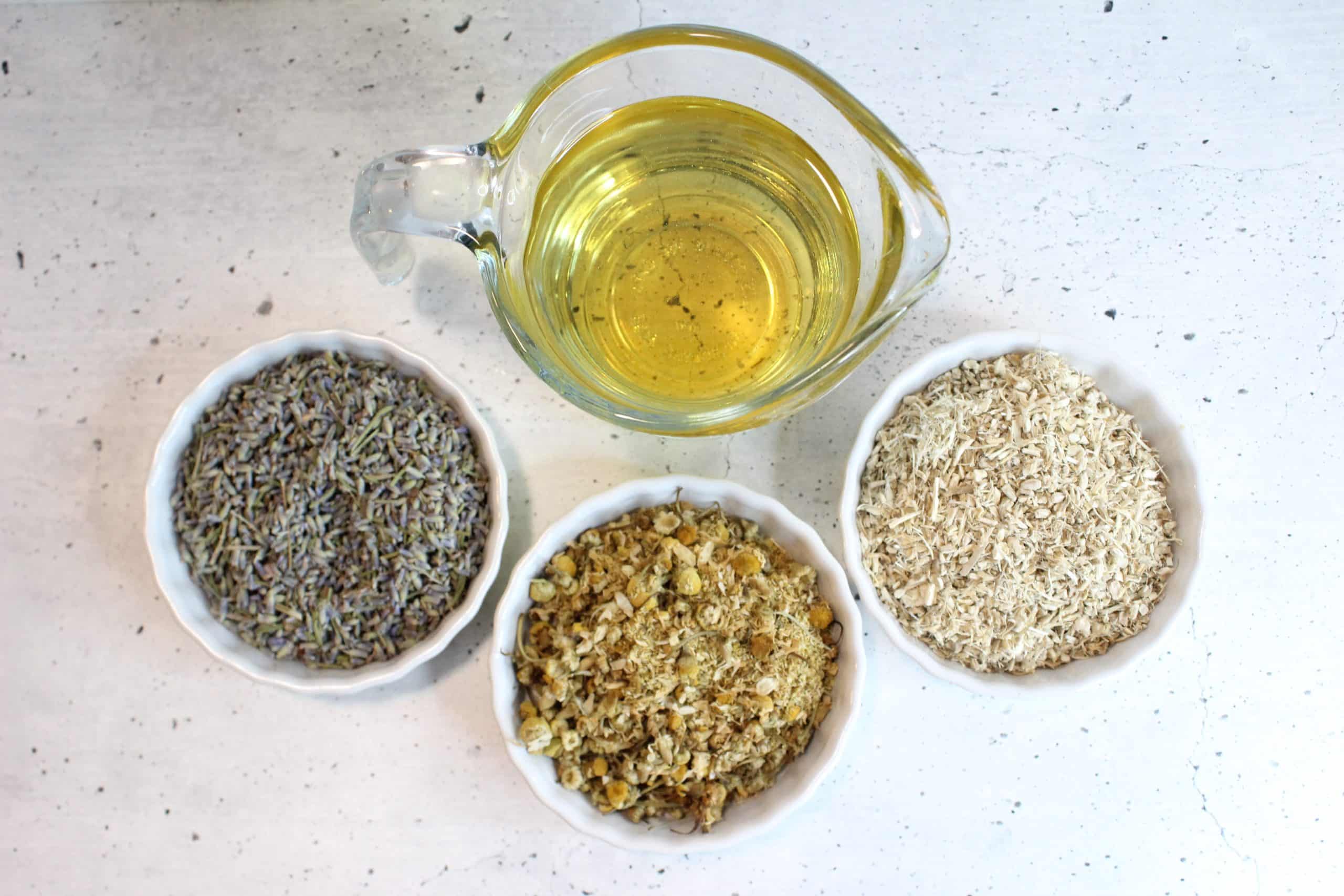 ingredients and herbs needed to make diy belly oil for stretch marks and pregnancy