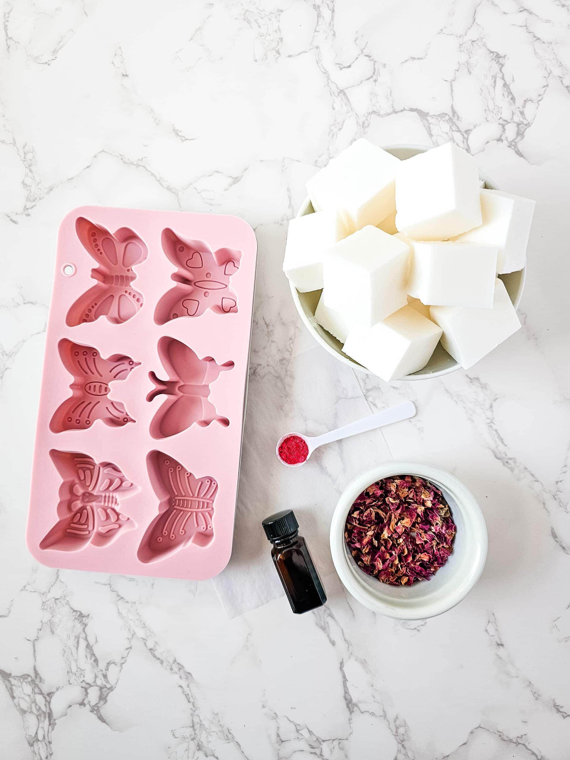 ingredients for jasmine and rose handmade soap with melt and pour base