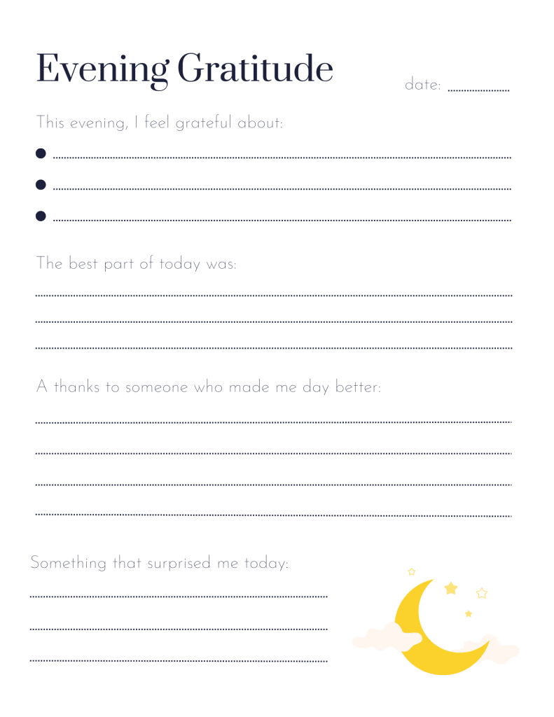 evening gratitude printable journal page