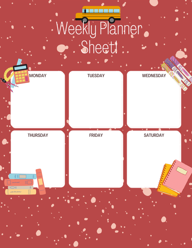 homeschool or classroom weekly planner sheet calendar page