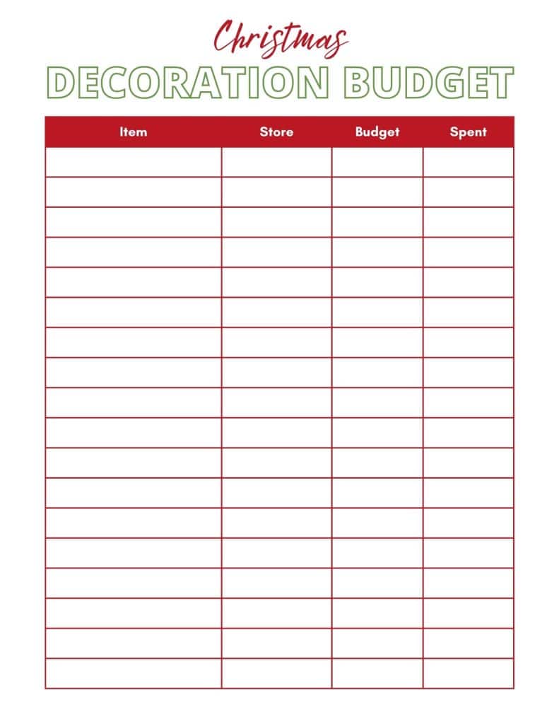 christmas decoration budget planner printable