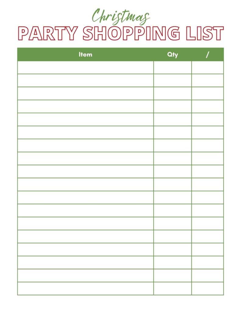 Christmas party shopping list
