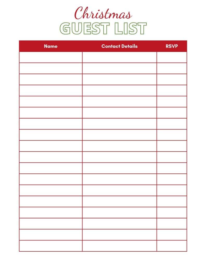 christmas guest list planner page