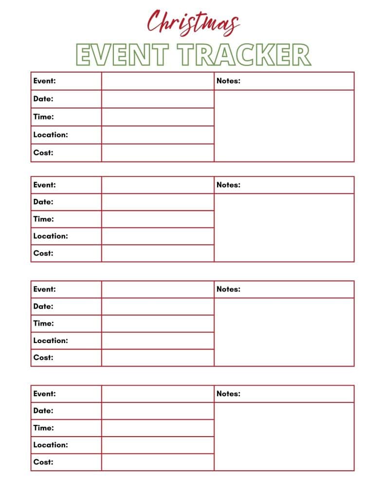 Christmas events tracker printable planner page